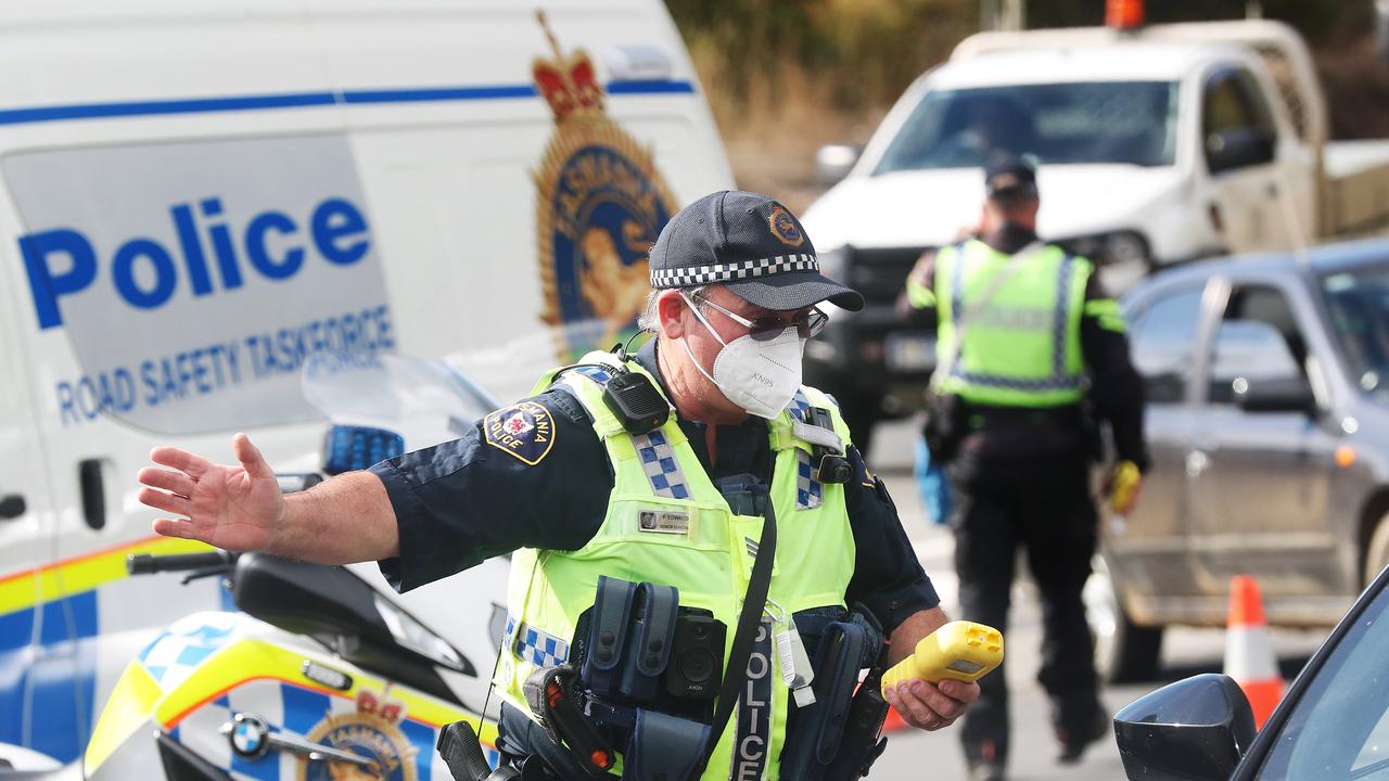 Senior Constable Paul Edwards Tasmania Police conducting a breath test. Tasmania Police launch Operation Safe Arrival in Hobart. Picture: Nikki Davis-Jones