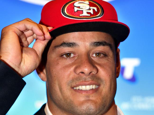 Jarryd Hayne at his press conference to announce he will be playing with the San Francisco 49ers .Picture Gregg Porteous