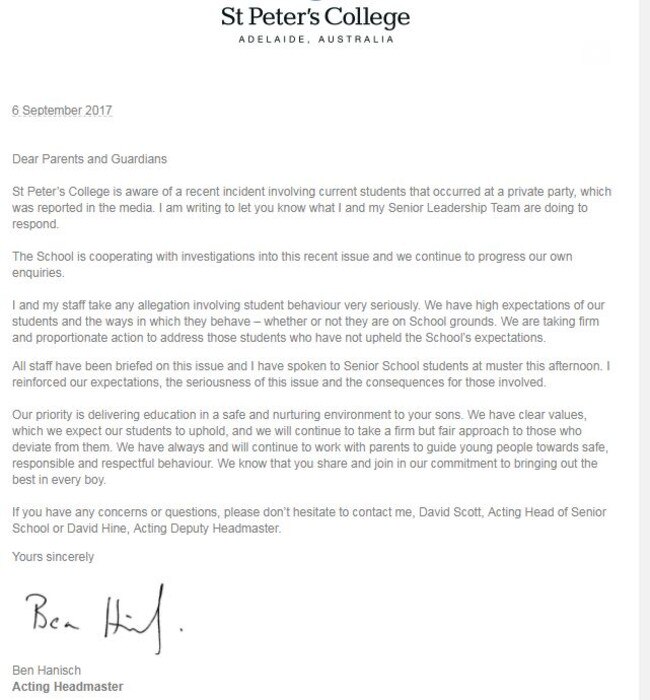 The St Peter's College acting headmaster’s letter to parents.