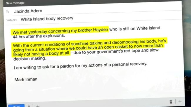 An email Mark Inman, the brother of Hayden Marshall-Inman wrote to NZ PM Ardern requesting a pardon if he staged his own recovery operation.  Picture: The Project NZ/Screengrab