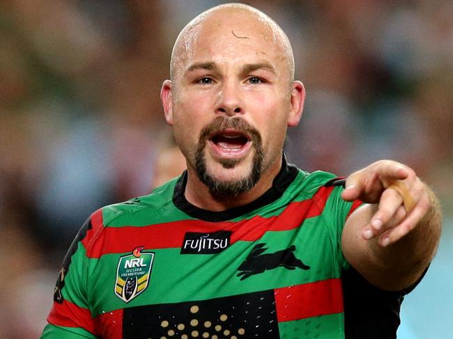 Rabbitoh's Glenn Stewart points the way from his 5/8th position during the round 6 NRL game between the South Sydney Rabbitohs and the North Queensland Cowboys at ANZ Stadium.Picture Gregg Porteous