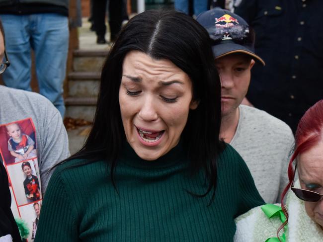 Hillcrest Primary School jumping castle tragedy verdict. Mother of victim Zane Mellor, Georgie Burt, addresses the media alongside family outside the Devonport Magistrates Court. Picture: Brodie Weeding