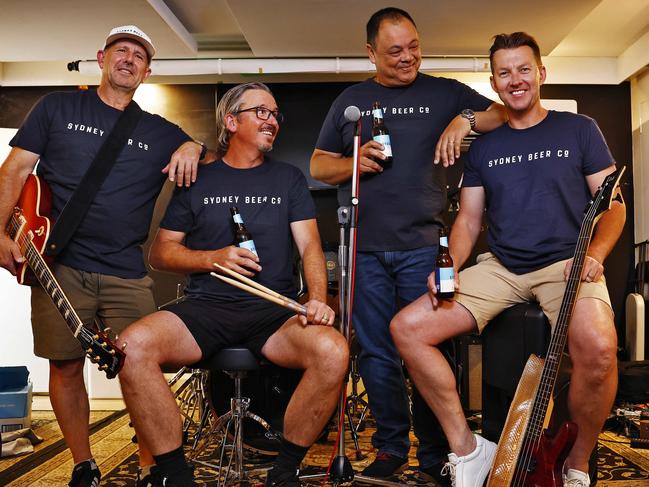 WEEKEND TELEGRAPHS - 22.12.23MUST NOT PUBLISH  BEFORE CLEARING WITH PIC EDITOR  - Ex cricketers that form the band Six and Out pictured in Hornsby today. L to R,  Brad McNamara, Gavin Robertson, Richard Chee Quee and Brett Lee.  Picture: Sam Ruttyn