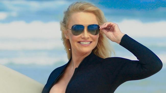 Former Baywatch star Pamela Anderson in the Ultra Tune ad shot on the Gold Coast late last year. Picture: Supplied