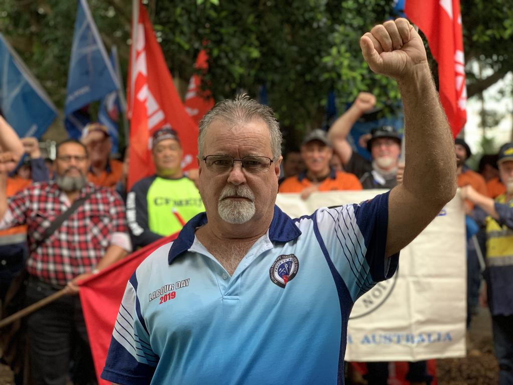Plumbing and Pipe Trades Employees Union North Queensland organiser Jim White with Mackay Regional Council outdoor employees striking outside of council chambers. Picture: Heidi Petith