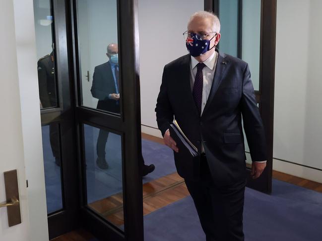 Scott Morrison arrives for the press conference after the National Cabinet meeting. Picture: NCA NewsWire / Gary Ramage