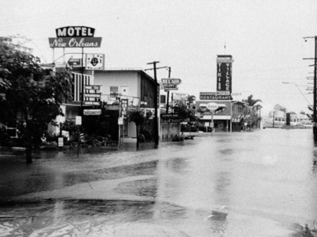 1974 flood in Cavill Avenue, Surfers Paradise. Note the ferry on the Nerang River in the background.