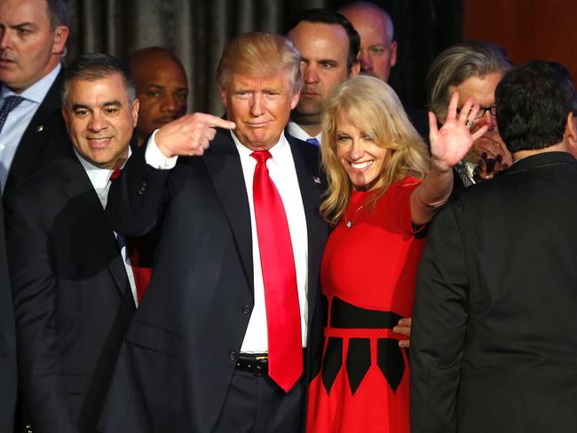 Donald Trump gestures to Kellyanne Conway after addressing his supporters and celebrating his Presidential win at his election night event at the New York Hilton Midtown in New York City on Nov. 9, 2016. Picture: Getty