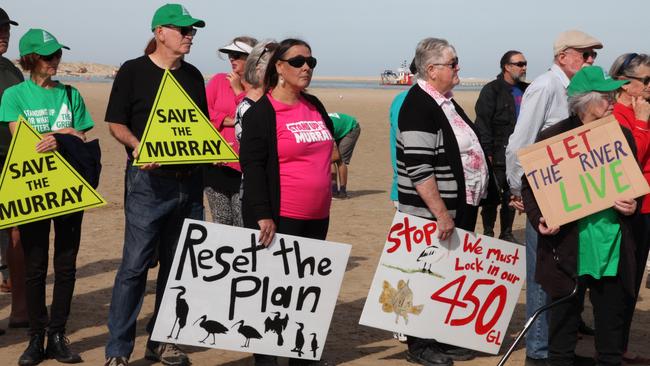 Protesters at the Murray Mouth on Tuesday. Picture: Conservation Council SA