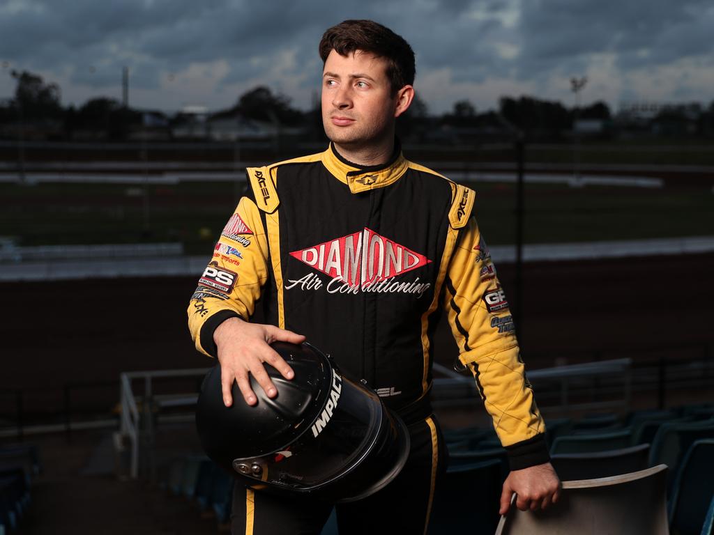 Speedcar driver Matt Jackson at the Sydney Speedway in Granville. Both Matt father and grandfather were Speedway champions. Picture: Jonathan Ng