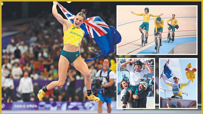 Clockwise from main: gold medal winners Nina Kennedy, the men’s team pursuit cyclists, sailor Matt Wearn and skateboarder Keegan Palmer.