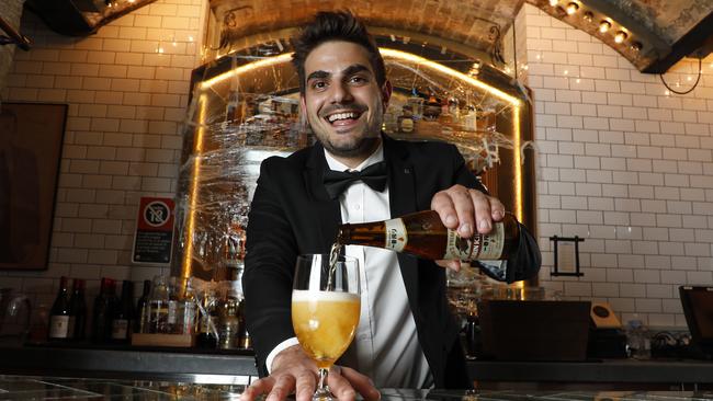 Matthew Karagiannis, at Merivale-owned bar Palmer &amp; Co, in inner Sydney, on Wednesday night. Picture: Chris Pavlich