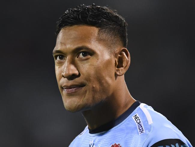 Israel Folau of the Waratahs reacts during the Round 5 Super Rugby match between the Brumbies and the NSW Waratahs at GIO Stadium in Canberra, Friday, March 15, 2019. (AAP Image/Lukas Coch) NO ARCHIVING, EDITORIAL USE ONLY