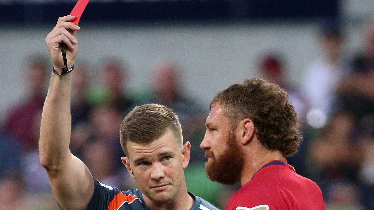 Scott Higginbotham of the Reds is shown a red card during the round 2 Super Rugby match between the Melbourne Rebels and the Queensland Reds at AAMI Park in Melbourne, Friday, February 23, 2018. (AAP Image/Hamish Blair) NO ARCHIVING, EDITORIAL USE ONLY