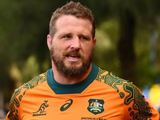 MELBOURNE, AUSTRALIA - JULY 12: James Slipper of the Wallabies speaks to media during a Wallabies media opportunity at Birrarung Marr on July 12, 2024 in Melbourne, Australia. (Photo by Morgan Hancock/Getty Images)