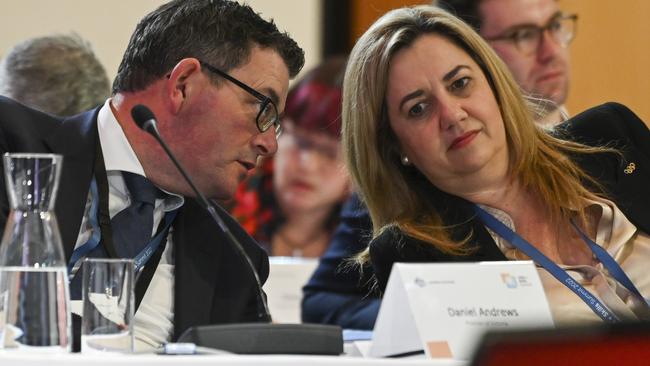 Victorian Premier Daniel Andrews and Qld Premier Annastacia Palaszczuk pictured during a jobs and skills summit at Parliament House in Canberra. Picture: Getty