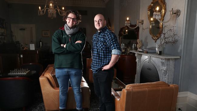 Jack Lark and Louis Duckett. Jack is son of Bill Lark and Louis is the son of Tim Duckett who are both big names in the Tasmanian whisky industry. Jack and Louis are now making their own way into the spirit and whisky industry. Picture: Nikki Davis-Jones