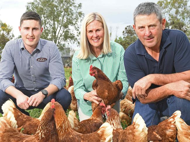 15/10/20 - John Rohde with wife Ange and son Martin on their Tarlee free range egg farm.Picture: Tom Huntley