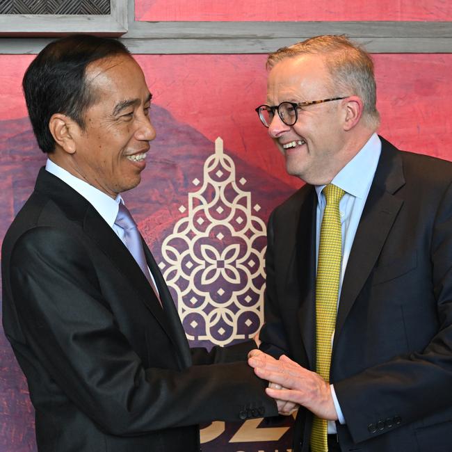 Indonesian President Joko Widodo meets Anthony Albanese in Bali on Monday. Picture: AAP