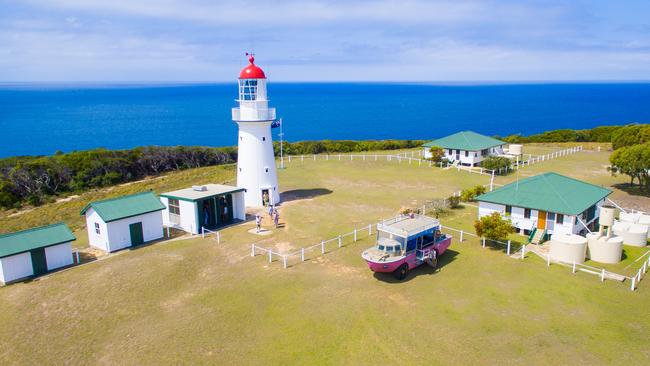 An aerial photo of the Bustard Head lighthouse and the 1770 LARC, which conducts regular tours to the historic light station.