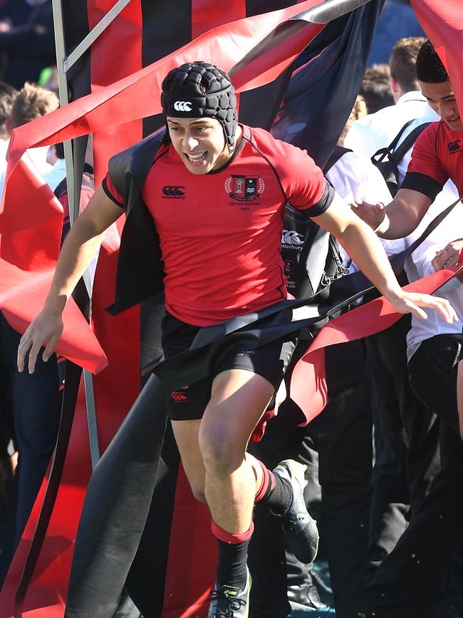 Gregory Terrace centre Glen Vaihu breaks through the tunnel before playing Nudgee College. Picture: AAP/John Gass