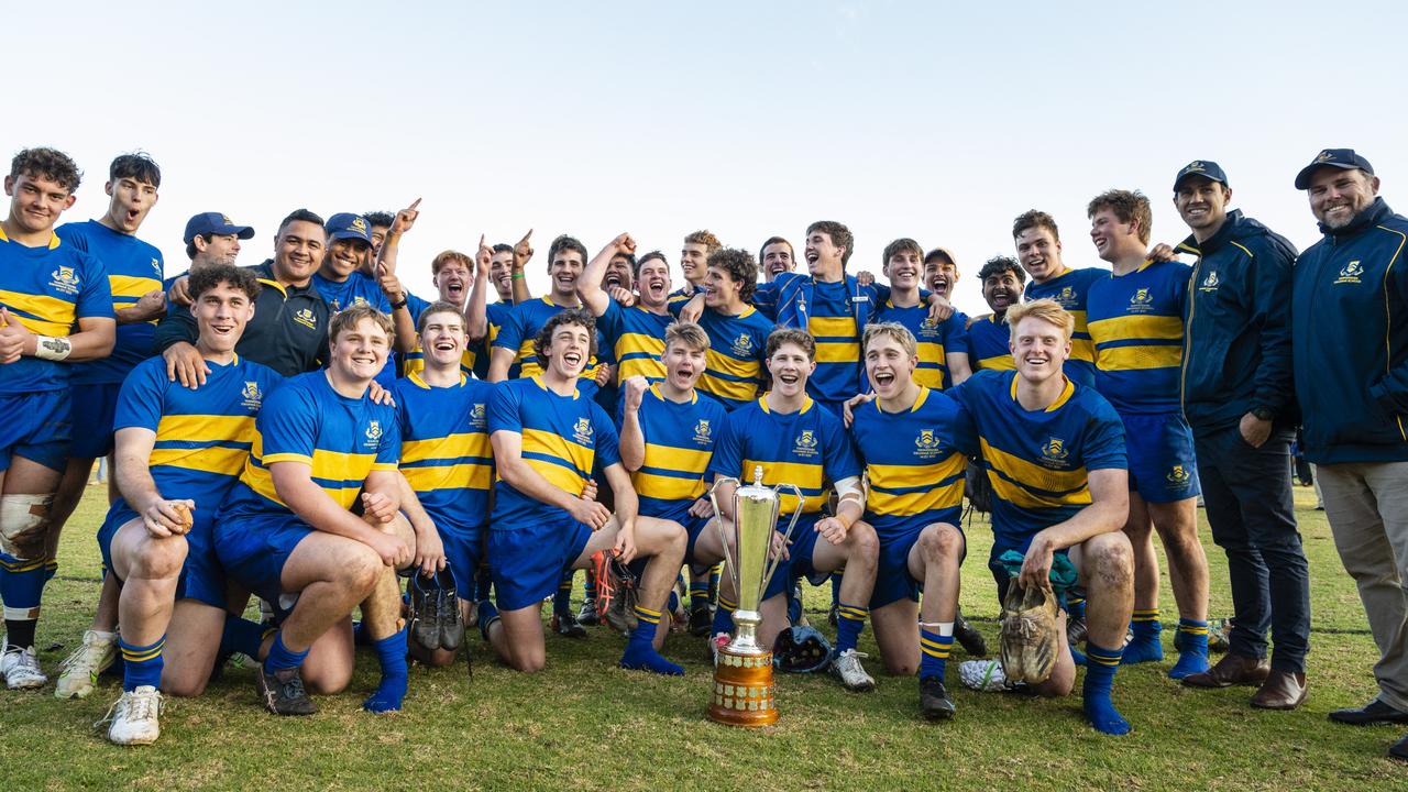 TGS First XV celebrate defeating Downlands to claim the O'Callaghan Cup on Grammar Downlands Day at Downlands College, Saturday, August 6, 2022. Picture: Kevin Farmer