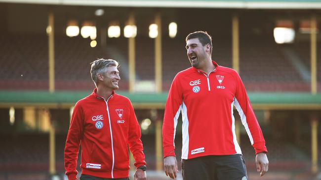 Brett Kirk and Dean Cox once great rivals in the 2005,06 Premiership era now on same side coaching against the Eagles in this Friday nights big game. Picture. Phil Hillyard