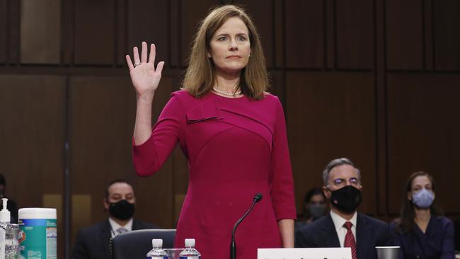 Donald Trump’s Supreme Court nominee Judge Amy Coney Barrett is sworn into her Senate Judiciary Committee confirmation hearing in October last year. Picture: AFP