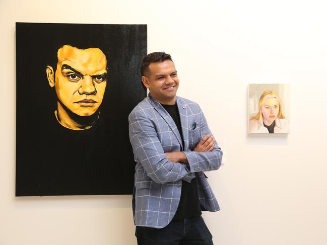 17/09/2020. Australian Indigenous actor Meyne Wyatt with his self portrait Meyne Wyatt at the Art Gallery of NSW in Sydney, winner of the Packing Room Prize, awarded to a finalist in the Archibald Prize as a prelude to the main event next week. Britta Campion / The Australian