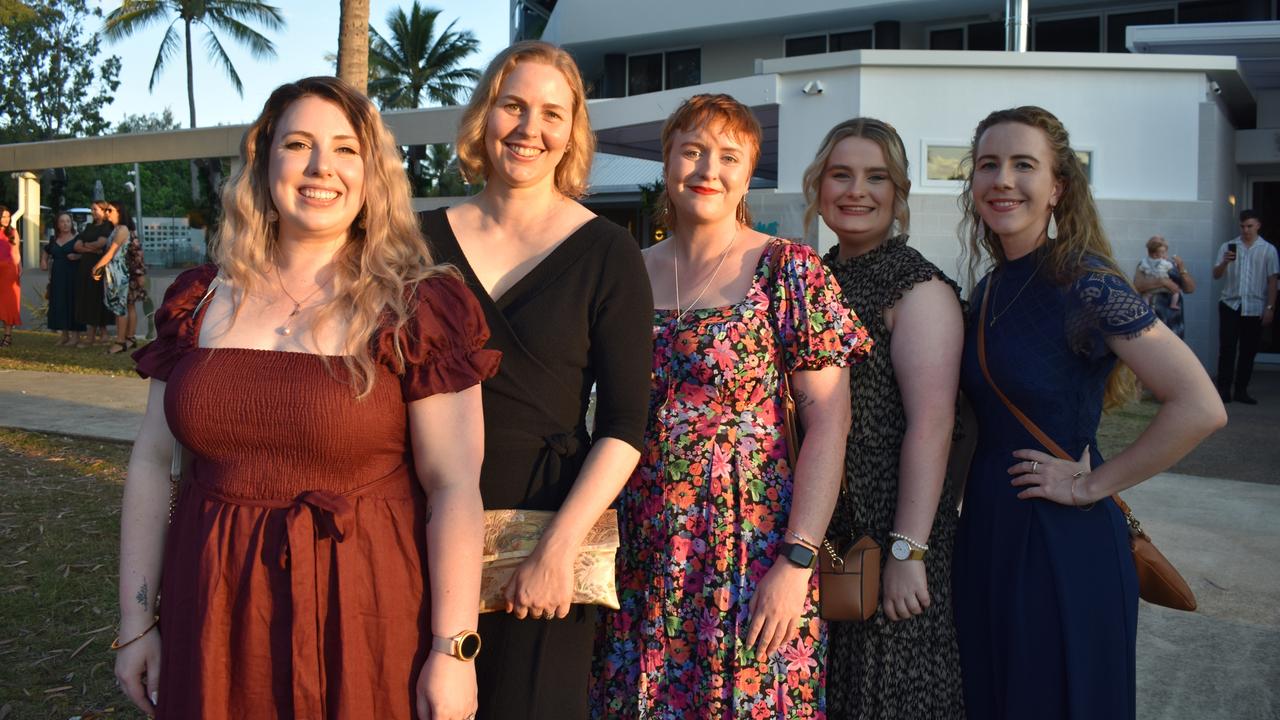 Ashleigh Bickerton, Krystal Henderson, Courtney Ross, Bana Bates and Kirsten Nilson at Mirani State High School formal at Ocean International on September 8, 2023. Photo: Zoe Devenport