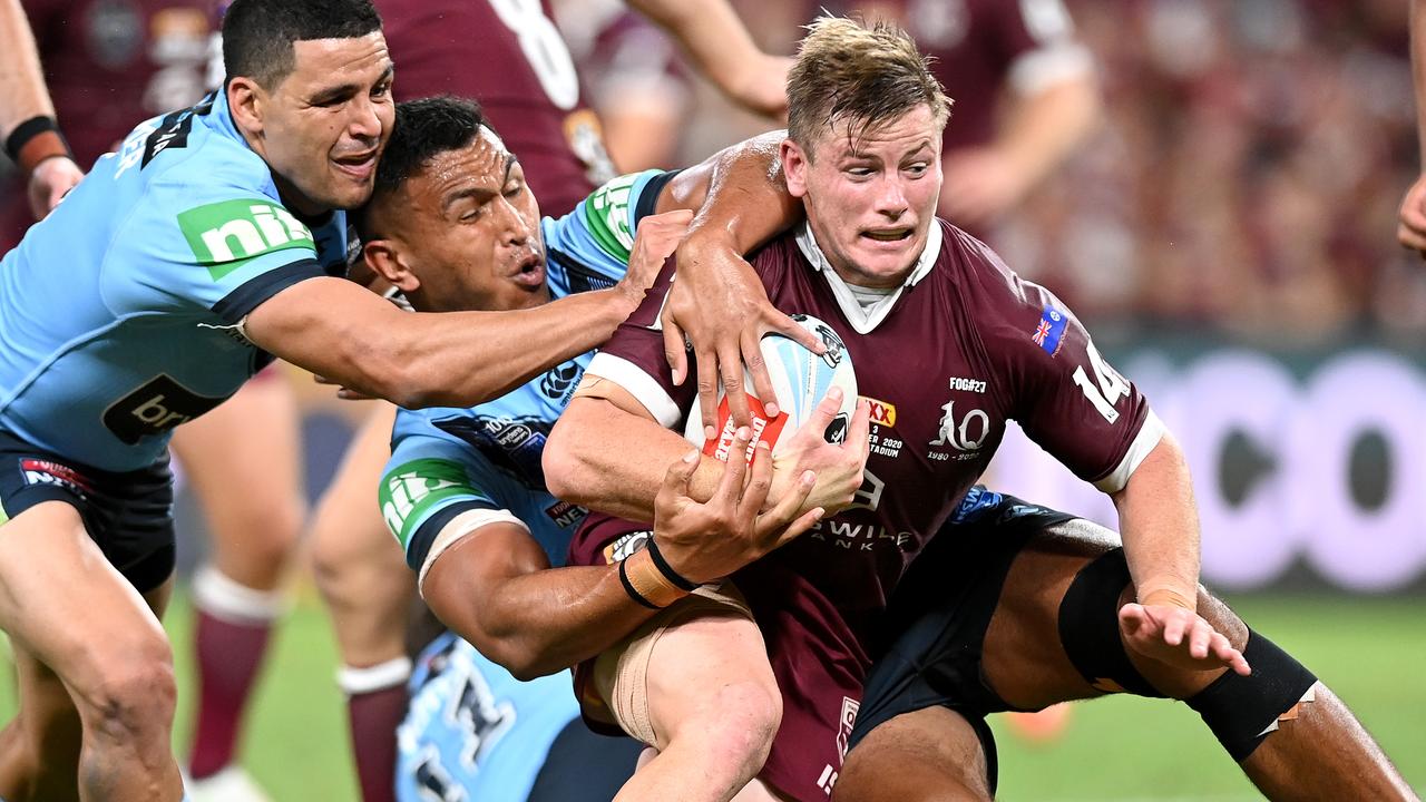 Harry Grant on the charge for the Maroons. Picture: Bradley Kanaris/Getty Images