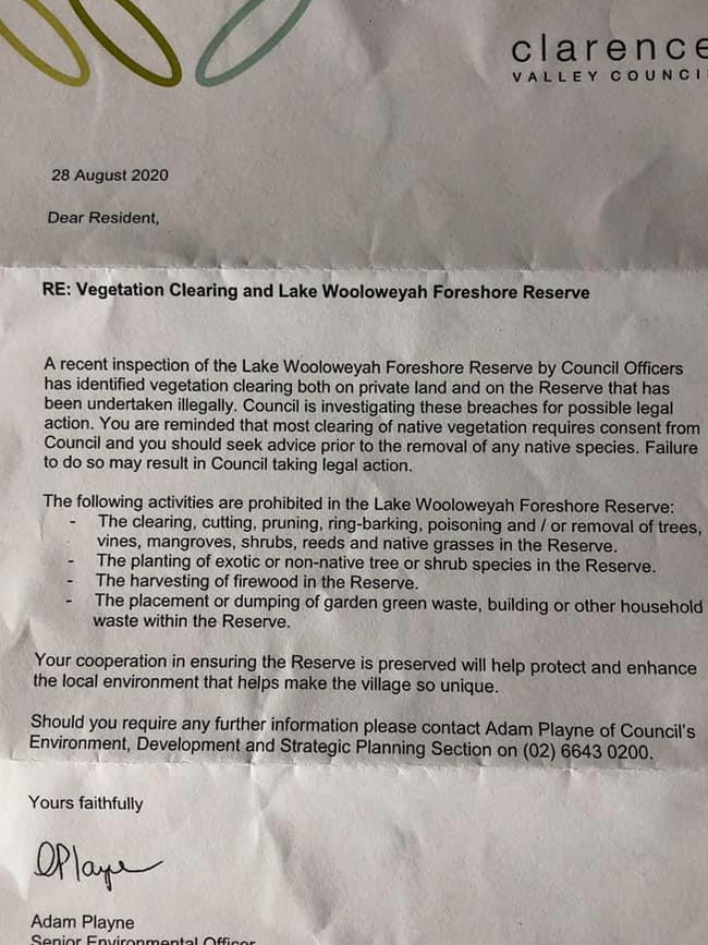 Residents of Wooloweyah received this letter from Clarence Valley Council alerting them to the alleged illegal activity.