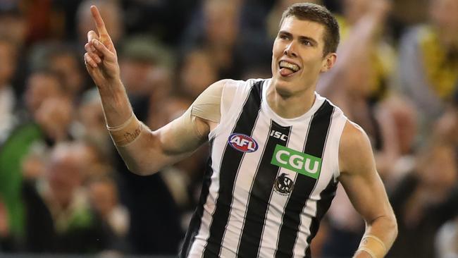 Mason Cox celebrates a goal for the Magpies. Picture: Alex Coppel