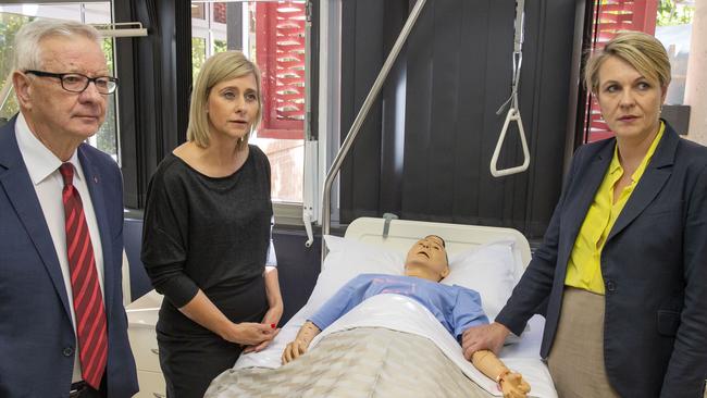 Inspecting a medical training ward and its dummy patient in the Queensland seat of Longman yesterday were Labor skills spokesman Doug Cameron, the party’s candidate for the seat, Susan Lamb, a former dual citizen, and Deputy Opposition Leader Tanya Plibersek. Picture: AAP