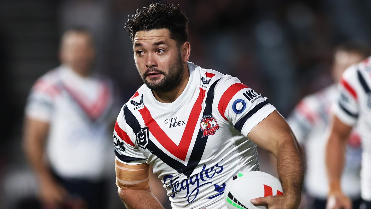 GOSFORD, AUSTRALIA - FEBRUARY 17: Brandon Smith of the Roosters runs with the ball during the NRL Trial Match between the Sydney Roosters and the Manly Sea Eagles at Central Coast Stadium on February 17, 2023 in Gosford, Australia. (Photo by Matt King/Getty Images)