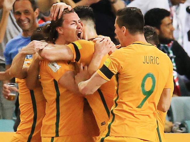 The Socceroos celebrate a Jackson Irvine goalduring the Socceroos v United Arab Emirates World Cup qualifier at Allianz Stadium, Sydney. pic Mark Evans