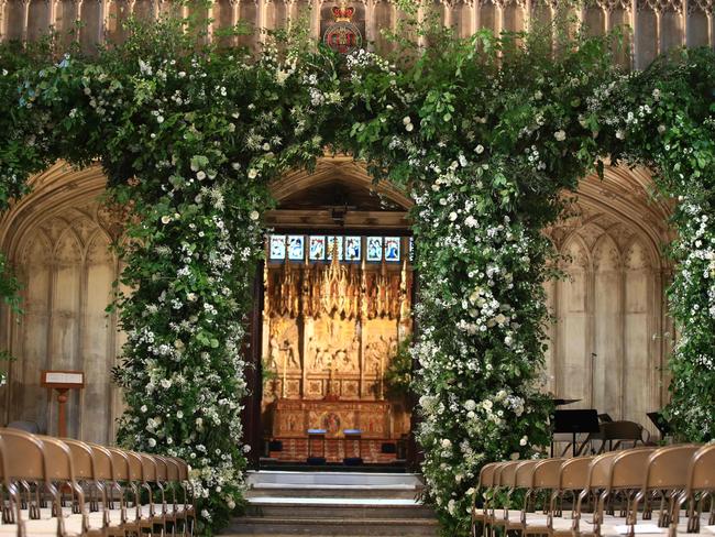 Flowers adorn the front of the organ loft inside St George's Chapel for the wedding. Picture: AFP