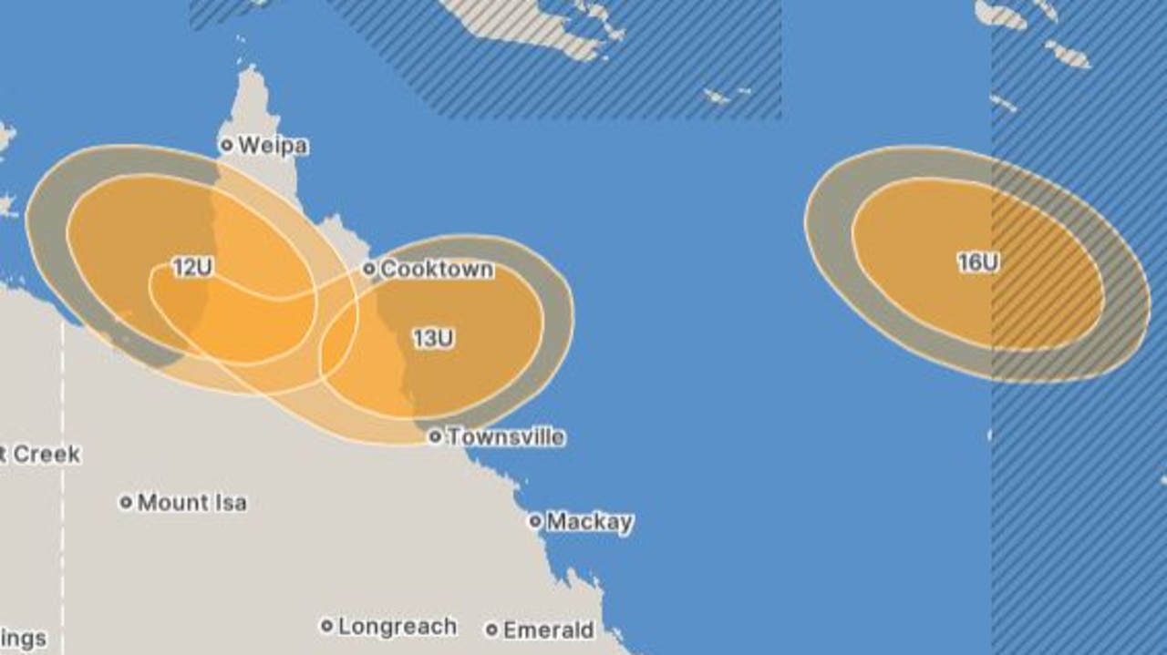 The Bureau of Meteorology's forecast map for a serious of tropical lows of Far North Queensland and further into the Coral Sea.