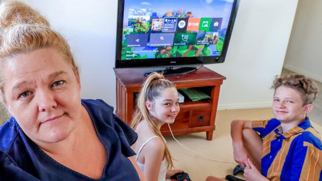 Sal Scanlon is keeping Grace, 12, and Jack, 14, home from school to safeguard her immunocompromised two-year-old from coronavirus. Picture: Tim Marsden.