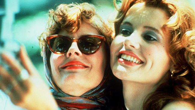 Actor Geena Davis (r) and Susan Sarandon in scene from film "Thelma and Louise".