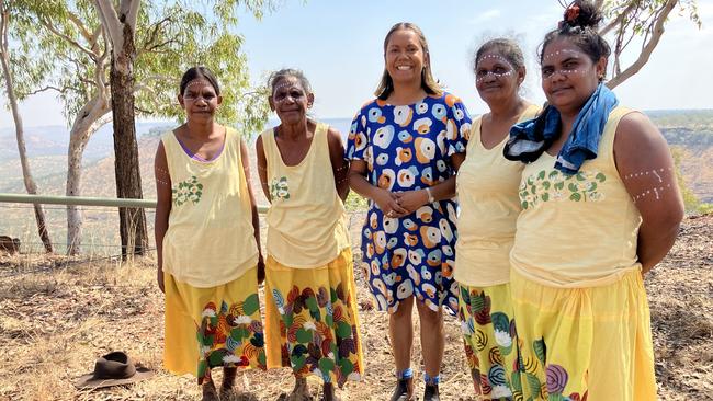 Minister for Parks and Rangers Selena Uibo with Traditional Wardaman dancers at a newly upgraded campground now open at Gregory National Park.