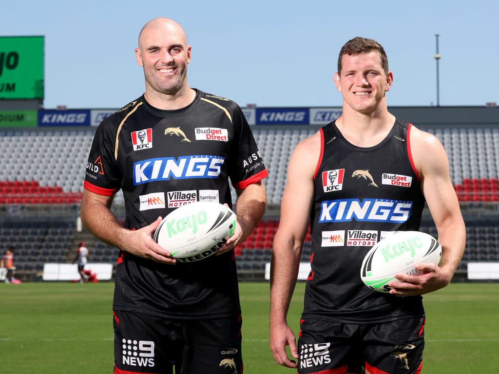 Dolphins recruits Mark Nicholls and Tom Gilbert. Picture: Steve Pohlner