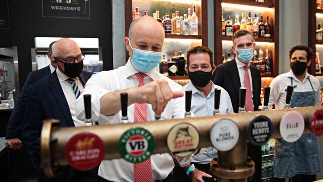 Damien Tudehope, Matt Kean, Paul Toole and Premier Dominic Perrottet sharing a beer at Watson's pub in Moore Park, an image which drew condemnation. Picture: NCA NewsWire/Adam Yip