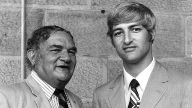 Father and son parliamentary representatives, the Federal Party member for Kennedy Bob Katter snr (left) and the State National Party member for Flinders Robert (Bob) Katter jnr at the opening of state parliament in 1975.