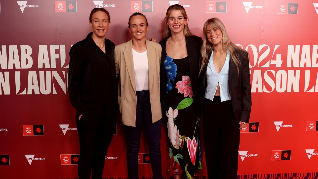 MELBOURNE, AUSTRALIA - AUGUST 20: Emma Swanson, Daisy Pearce, Ella Roberts and Bella Lewis of the Eagles arrive during the 2024 AFLW Season Launch at Melbourne Town Hall on August 20, 2024 in Melbourne, Australia. (Photo by Jonathan DiMaggio/AFL Photos/via Getty Images)