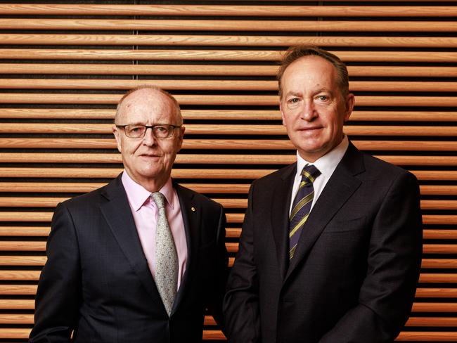 14/10/2024 Lendlease chairman Michael Ullmer with chair-elect John Gillam at their offices in Melbourne. Photo: Aaron Francis Photography