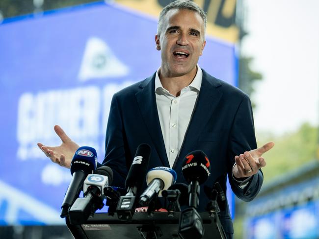 ADELAIDE, AUSTRALIA - APRIL 03: The Hon Peter Malinauskis MP,Premier of South Australia speaks to media  during a 2024 AFL Gather Round Media Opportunity at the Adelaide Oval on April 03, 2024 in Adelaide, Australia. (Photo by Mark Brake/AFL Photos/via Getty Images)