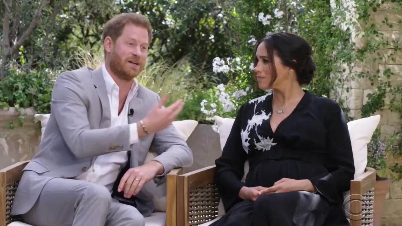 Harry and Meghan during their interview with Oprah. Picture: Screengrab