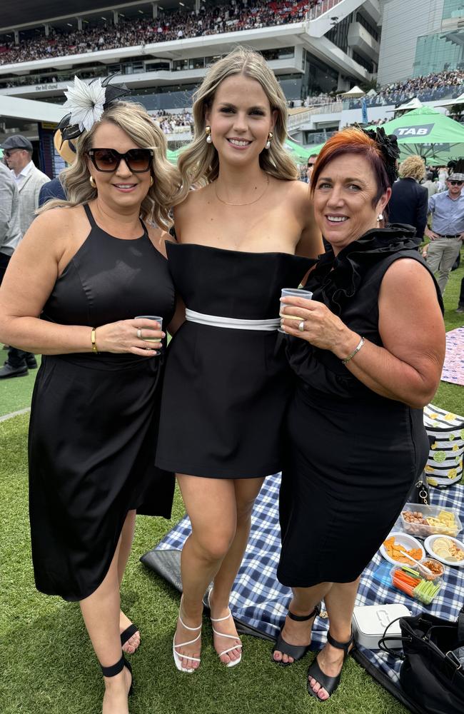 Andrea Gahan, Kalcey Gahan and Vicki Fletcher at Flemington for Derby Day on November 2, 2024. Picture: Phillippa Butt