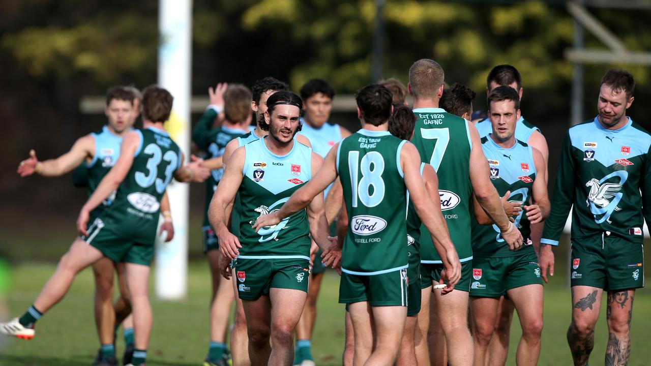 BFNL - Ammos v Drysdale.  Geelong Amateur players happy at 1/2 time keeping Drysdale Goal less in the 1st 1/2. Picture; Mike Dugdale